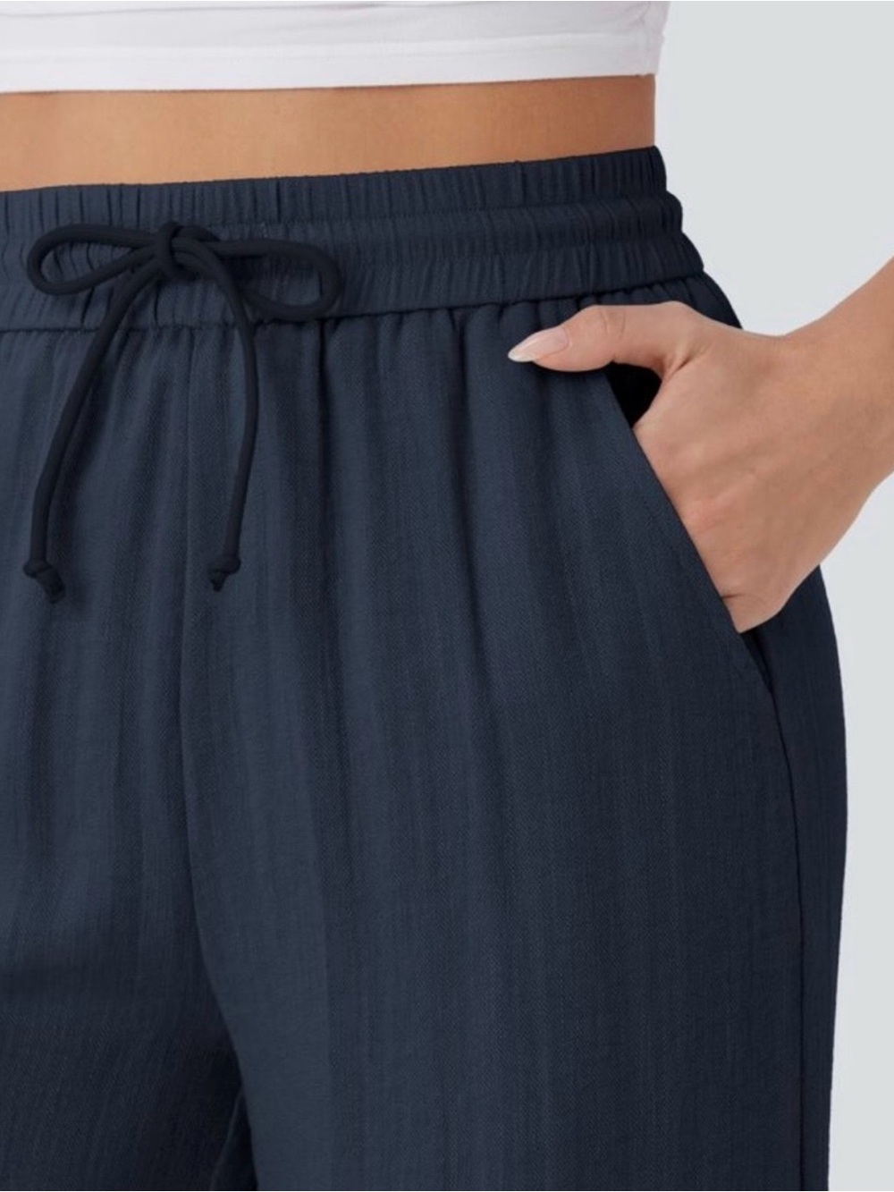 HALARA Navy (S/Petite) Elastic-Waist Wide Leg Linen Pants